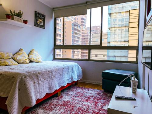 圣地亚哥Depto Metro Plaza de Armas (1 dormitorio 1 baño)的一间卧室设有一张床和一个大窗户