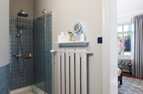 苏黎世Signau House & Garden Boutique Hotel Zürich的浴室设有淋浴、散热器和镜子