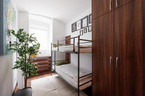 维也纳Vienna City Business Rooms的客房设有三张双层床和木制橱柜。