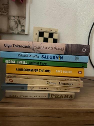 Ličko Petrovo SeloGuesthouse D&D的一张桌子上堆着的书