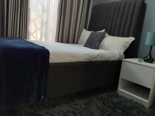 利隆圭Rena Apartment的卧室配有带枕头的床铺和窗户。