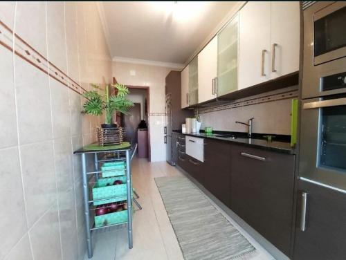 拉夫拉Apartamento frente ao mar的厨房配有棕色橱柜、水槽和柜台。