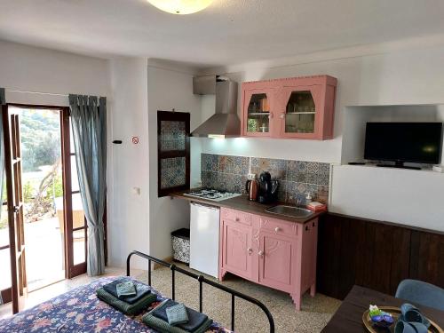 贝纳吉Hakuna matata的厨房配有粉红色的橱柜和水槽