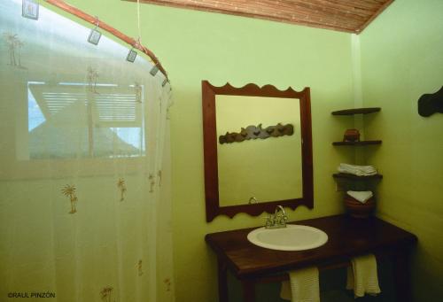 博卡斯德尔托罗蓬塔卡拉科尔阿夸旅舍的一间带水槽、镜子和淋浴的浴室