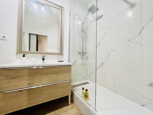 尼斯Sublime Appartement 2 pièces au cœur de la Vieille Ville的带淋浴、盥洗盆和镜子的浴室