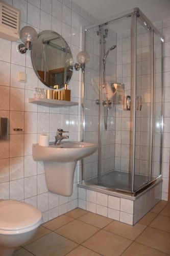 阔克威兹Hotel La-Pergola的带淋浴、盥洗盆和卫生间的浴室