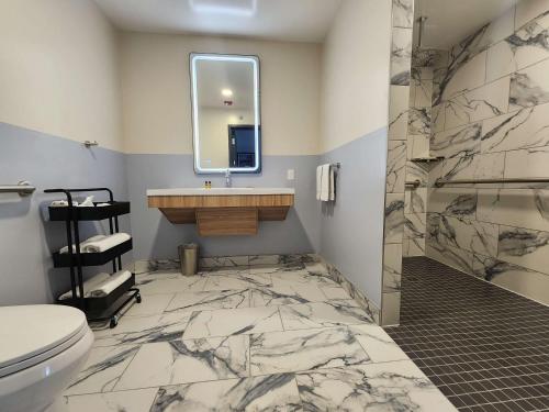 布法罗Eva Hotel Buffalo Airport, BW Signature Collection的一间带卫生间、水槽和镜子的浴室