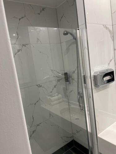 布拉格Hotel Royal的带淋浴的浴室和玻璃门