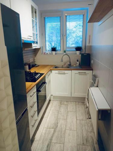 华沙ClickTheFlat Miła Center Apart Rooms的厨房配有白色橱柜、水槽和2扇窗户。