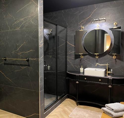 蒙斯Le Vieux Cèdre Grand Place的黑色浴室设有水槽和镜子