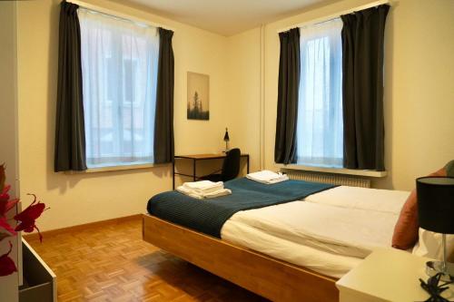 苏黎世Swiss Stay - 2 Bedroom Apartment close to ETH Zurich的一间卧室设有一张床和两个窗户。