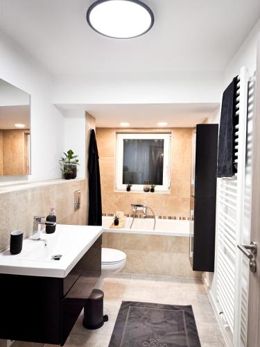 RimparSchönes modernes Einfamilienhaus für 1 bis 6 Personen的浴室配有盥洗盆、卫生间和浴缸。