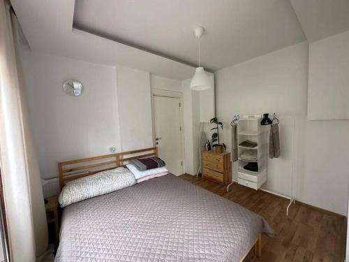 梅才特里Deniz One Bedroom Appartment的一间带床和冰箱的小卧室