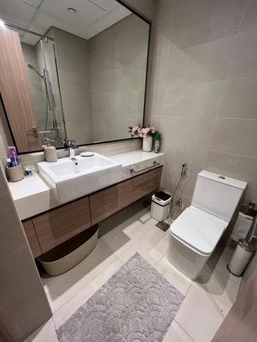 迪拜Modern Studio Center of Dubai的一间带水槽、卫生间和镜子的浴室