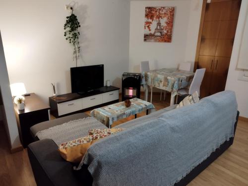 巴约讷Precioso Apartamento en Baiona Zona Centro的客厅配有蓝色的沙发和桌子