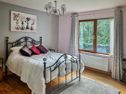 GelstonCeardach的一间卧室配有一张带红色枕头的床和一扇窗户