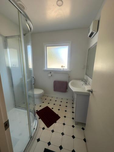 基督城Sunny House with 5 Bedrooms(near airport)的带淋浴、盥洗盆和卫生间的浴室