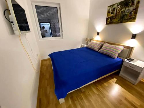 斯科普里Brand new 2 bedroom apartment in the center Skopje的一间卧室设有蓝色的床和窗户。