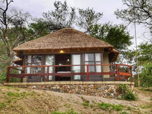GravelotteSelwane Nature Reserve的山丘上带茅草屋顶的小房子