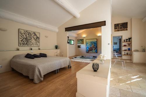 圣雷米普罗旺斯MAS DES FLEURS的一间卧室设有一张床和一间客厅。