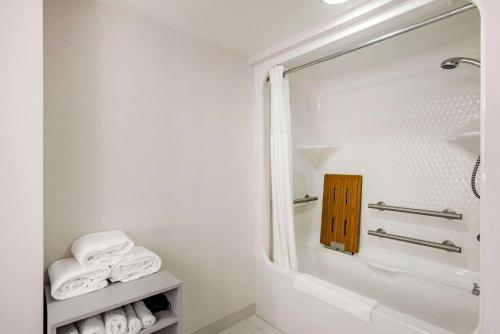 大洋城Comfort Suites Ocean City West的浴室配有浴缸、淋浴和毛巾。