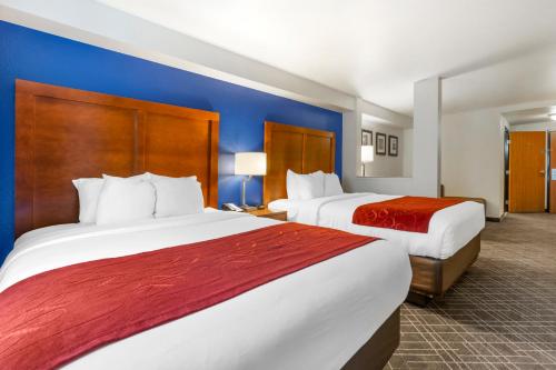 雷丁雷丁沙斯塔湖康福特套房酒店的两张位于酒店客房的床,拥有蓝色的墙壁