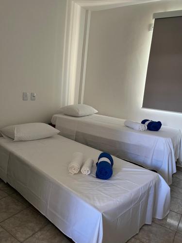 乌贝兰迪亚Apartamento em Uberlândia - Apê do Pedro的客房内的两张床,上面有蓝色的毛巾