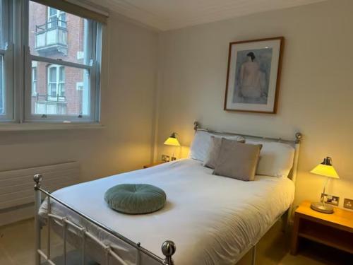 伦敦Turner House的一间卧室配有一张带绿色枕头的床