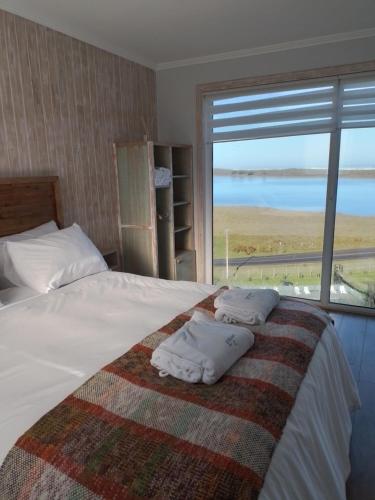 CarahuoLodge Puerto Koupo的一间卧室配有带两个枕头的床和窗户