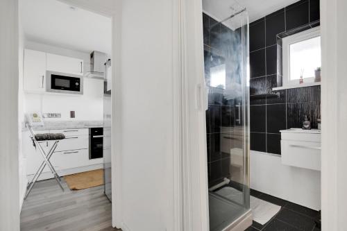 伦敦Peckham apartments by APS的浴室设有黑色瓷砖淋浴。
