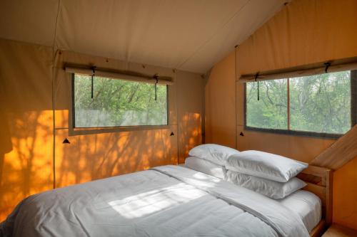 AllendeCampizo Glamping - Monterrey X NANTLI LIVING的一间卧室设有一张床和两个窗户。