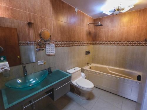 卡哈马卡Gran Kunturwasi Hotel Senior的浴室配有盥洗盆、卫生间和浴缸。