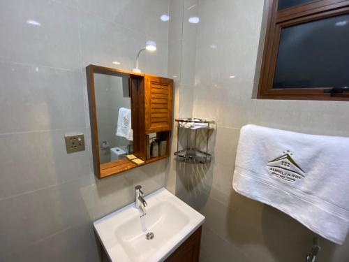 康提Aurelia inn的一间带水槽、镜子和毛巾的浴室