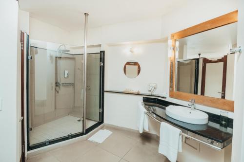 弗利康弗拉克塔马兰高尔夫&Spa精品酒店的一间带玻璃淋浴和水槽的浴室