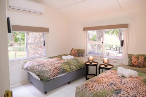 侯斯普瑞特Kadima Safari Lodge的一间卧室设有两张床和两个窗户。