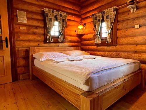 普列维扎Ubytovanie Koliba Pacho - Zrub Anicka的小木屋内一间卧室,配有一张床