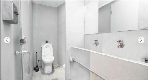 台中市薇薇青旅-嚞驫驛站的白色的浴室设有卫生间和镜子