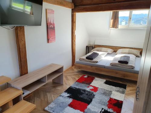 巴德米滕多夫Haus Kampl - Appartement Aussee的一间卧室配有两张床、一台电视和一张地毯。