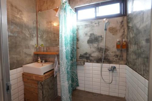 南湾山森三室墾丁包棟民宿3Rooms的一间带水槽和淋浴的浴室