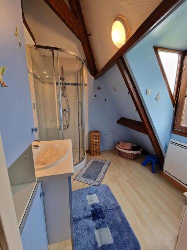 BoisseGITE à BOISSE près d'ISSIGEAC 24560 DORDOGNE的阁楼上设有带淋浴和盥洗盆的浴室