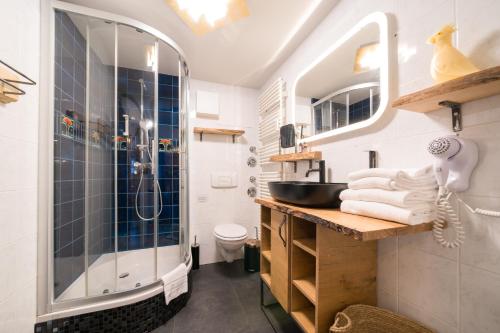 波茨坦Design Apartments - "Remise Blumberg"的带淋浴和盥洗盆的浴室