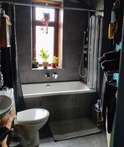 格拉斯哥Large double room的带浴缸、卫生间和窗户的浴室