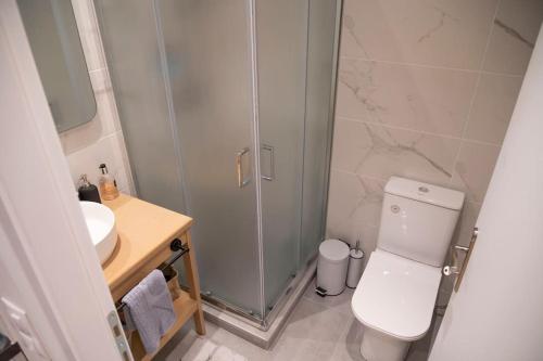 亚历山德鲁波利斯Ivi's Home Alexandroupoli的带淋浴、卫生间和盥洗盆的浴室
