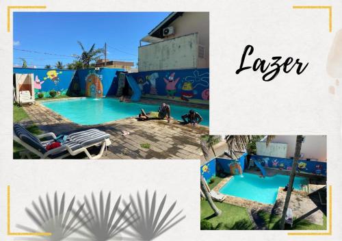 佩鲁伊比Hostel Recanto Peruíbe的游泳池照片的拼贴,与游泳池里的人相吻合