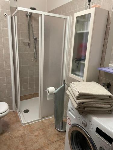 RoncopascoloIntero appartamento - Parma zona Fiera的一间带洗衣机和淋浴的浴室