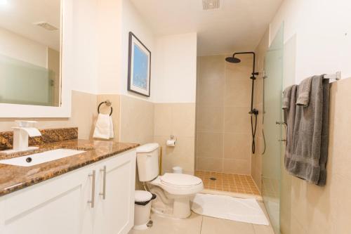 马霍礁Maho Beach Suite 2BR Lux Condo next to Morgan Resort的浴室配有卫生间水槽和淋浴。