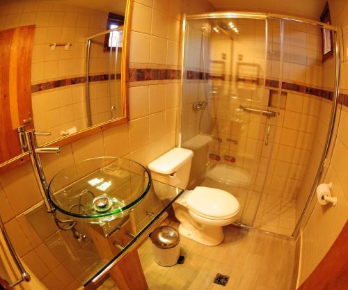 圣佩德罗·德·阿塔卡马基马尔酒店的一间带卫生间和玻璃淋浴间的浴室