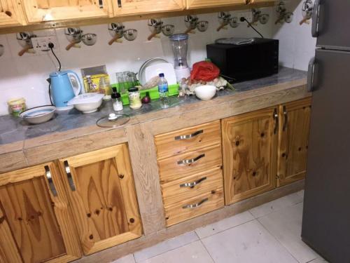 Sohna's Paradise Residence的一个带木制橱柜和冰箱的厨房台面