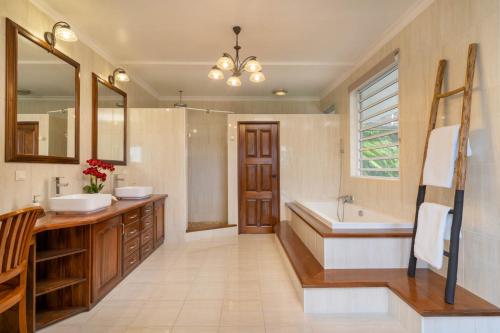 帕皮提la villa Mareva的带浴缸、水槽、浴缸和镜子的浴室