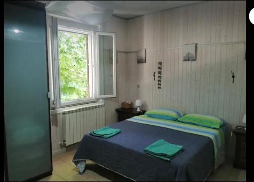 乌尔巴尼亚nel cuore della città的一间卧室配有一张带绿色枕头的床和一扇窗户